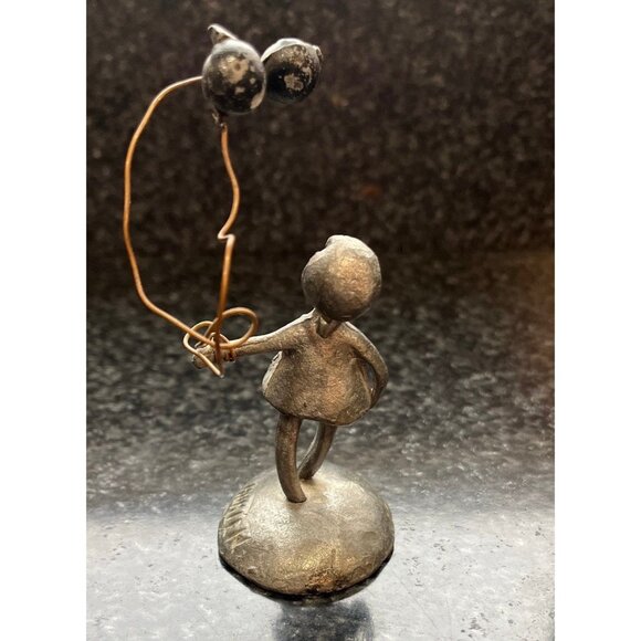 Vintage Pewter People By Hunter Sculpture Art Figurine Girl With Two Balloons 4" - Picture 1 of 6